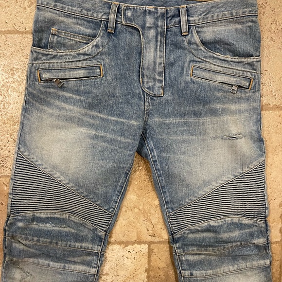 Balmain OG Distressed Moto Light Wash Blue Denim Jeans - Picture 3 of 14